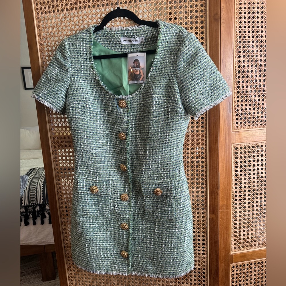 NWT self-portrait green boucle mini dress